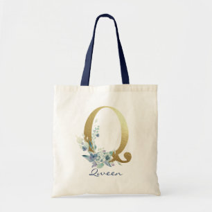 Tote Bag Lettre Monogramme or Q Nom bleu Décor fleuri