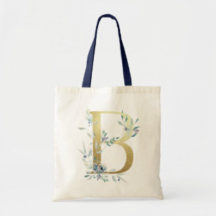 Tote Bag LETTRE MONOGRAPHIQUE D'OR B Aquarelle Bleue Fleurs