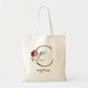 Tote Bag LETTRE MONOGRAPHIQUE D'OR BROUGE Floral "C"