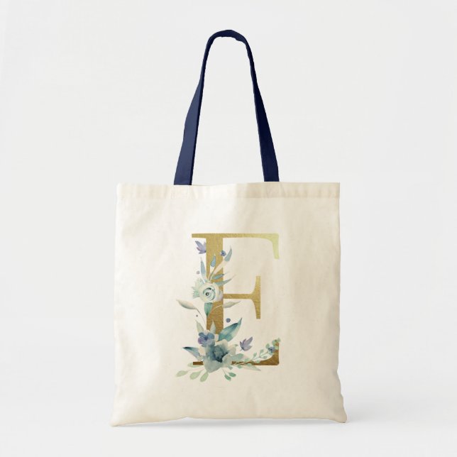 Tote Bag LETTRE MONOGRAPHIQUE D'OR E Fleurs Aquarelles Bleu (Devant)