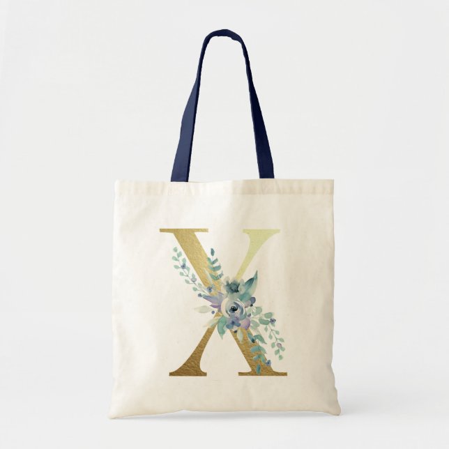 Tote Bag LETTRE MONOGRAPHIQUE D'OR Fleurs Aquarelles Bleues (Devant)