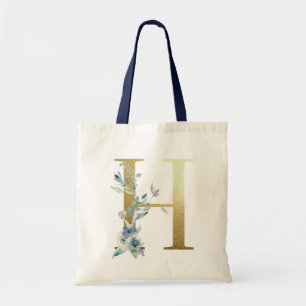 Tote Bag LETTRE MONOGRAPHIQUE D'OR H AQUATICOLE Bleue Fleur