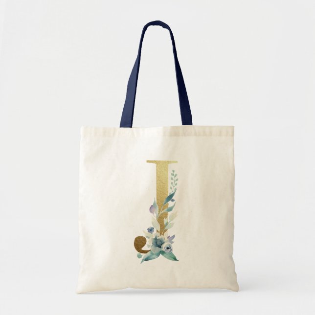 Tote Bag LETTRE MONOGRAPHIQUE D'OR J Aquarelle bleue Fleurs (Devant)