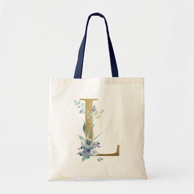Tote Bag LETTRE MONOGRAPHIQUE D'OR L Aquarelle Bleue Fleurs (Devant)