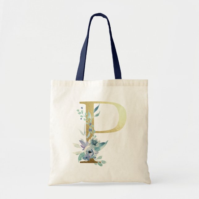 Tote Bag LETTRE MONOGRAPHIQUE D'OR P Fleurs Aquarelles Bleu (Devant)