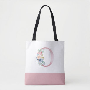 Tote Bag LETTRE MONOGRAPHIQUE FLORALE Rose Personnalisée O