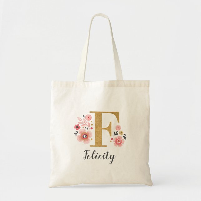 Tote Bag LETTRE MONOGRAPHIQUE ROSE Florale "F" (Devant)