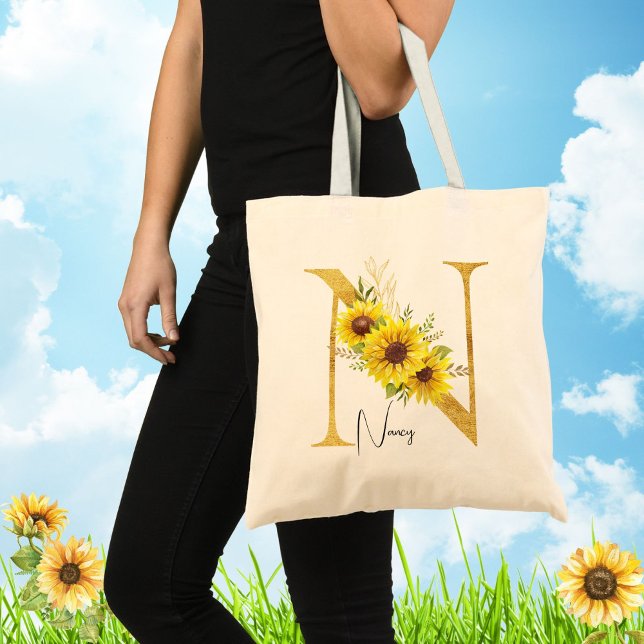 Tote Bag LETTRE MONOGRAPHIQUE Tournesol N LETTRE Florale N (Créateur téléchargé)
