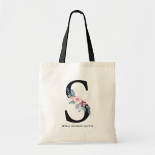 TOTE BAG LETTRE NOM D'ALPHABÈTES FLORAUX BLEUS DOUX U