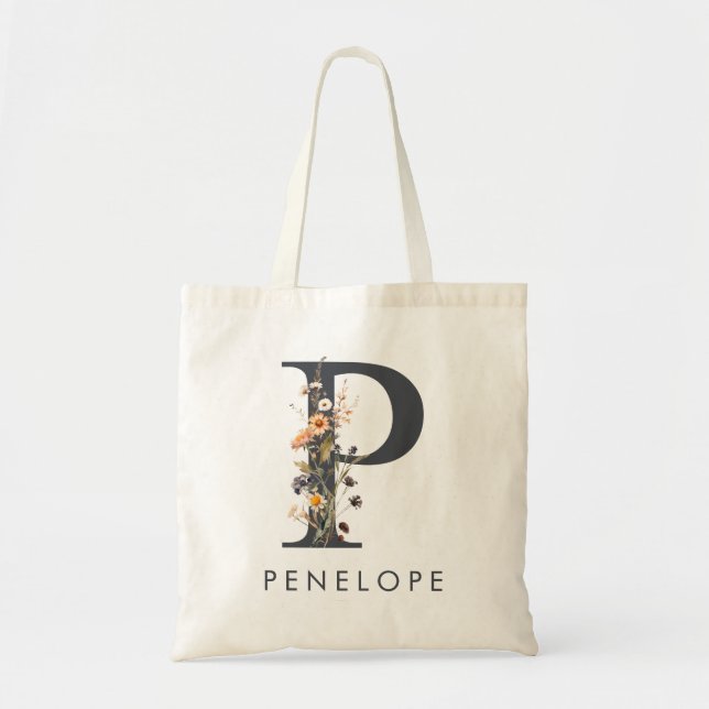 Tote Bag Lettre P florale boho (Devant)
