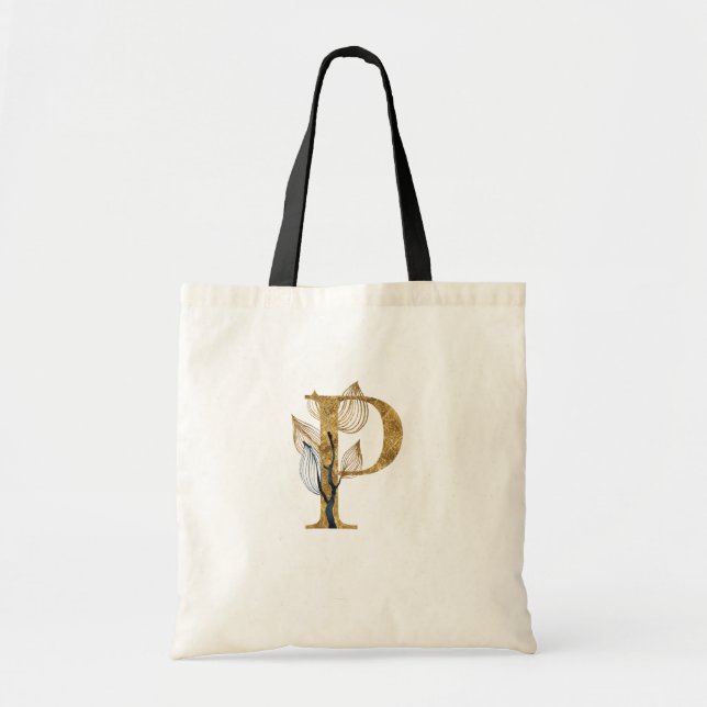 Tote Bag *~* Lettre P Monogramme Or Feuilles noirs initiaux (Devant)