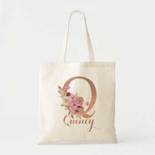 Tote Bag Lettre Q Blush rose Paillettes Floral Monogramme 