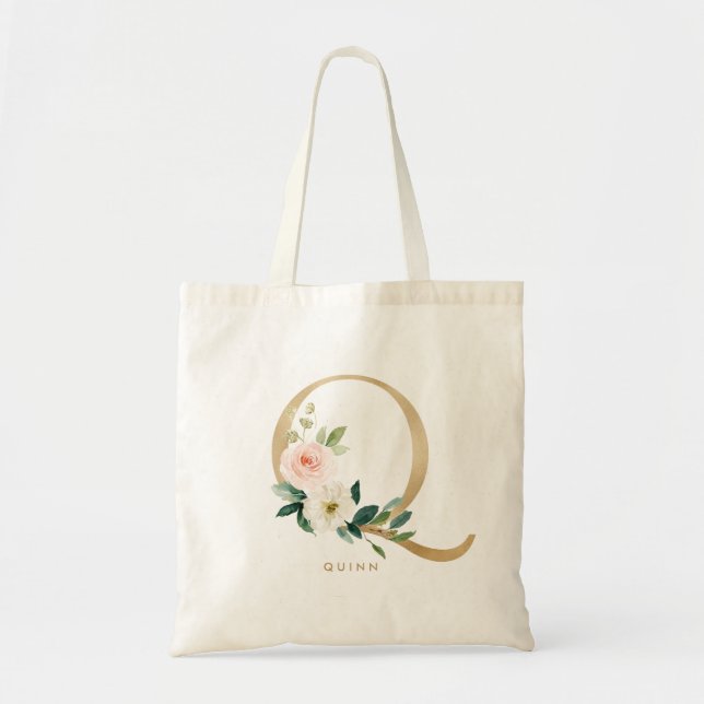Tote Bag Lettre Q Fleurie Pivoine Monogramme Or Demoiselle  (Devant)