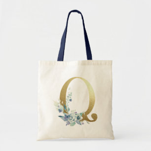 Tote Bag Lettre Q Monogramme Doré Fleurs Aquarelle Bleue
