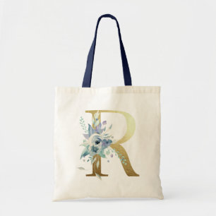 Tote Bag Lettre R Monogramme Doré Fleurs Aquarelle Bleue