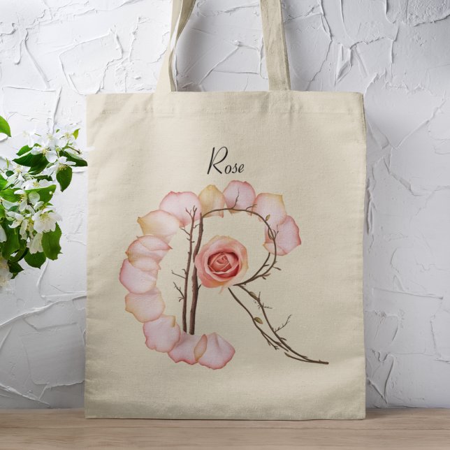 Tote Bag Lettre R Monogramme Élégante de Pétales de Rose Pe (Créateur téléchargé)