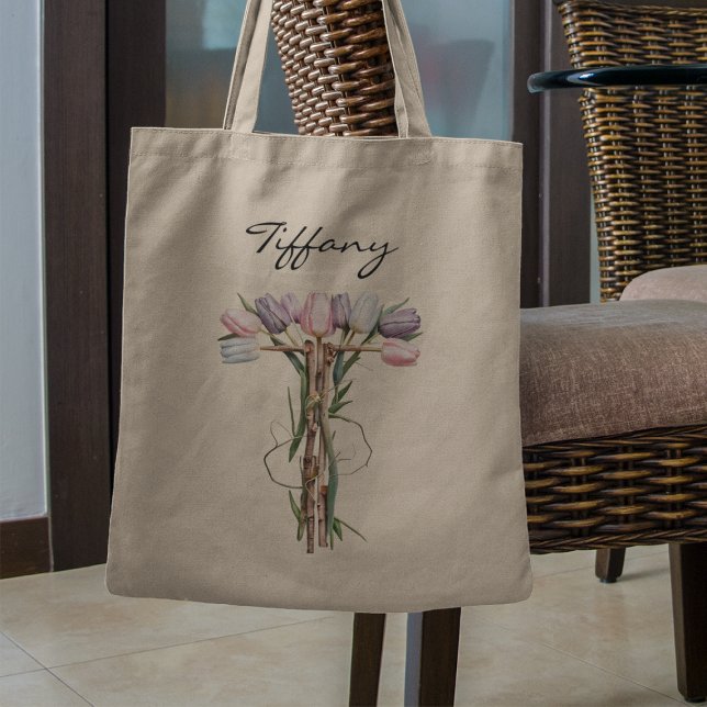 Tote Bag Lettre T en bouquet de tulipes Monogramme floral p (Créateur téléchargé)