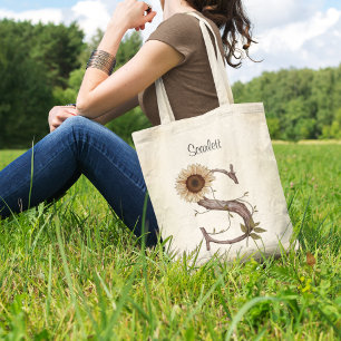 Tote Bag LETTRE Tournesol Élégante S MONogramme Floral Pers