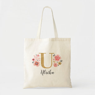 Tote Bag Lettre "U" de monogramme floral or rose