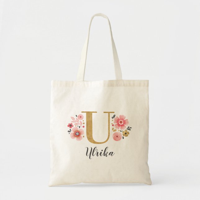 Tote Bag Lettre "U" en monogramme floral or rose (Devant)
