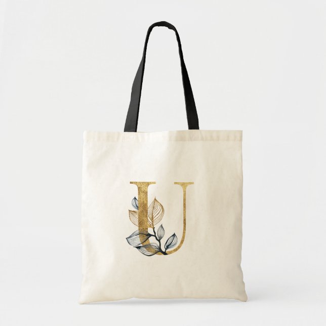 Tote Bag *~* Lettre U Monogramme or Feuilles noirs initiaux (Devant)