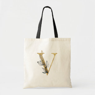Tote Bag *~* Lettre V Monogramme or Feuille noir initial