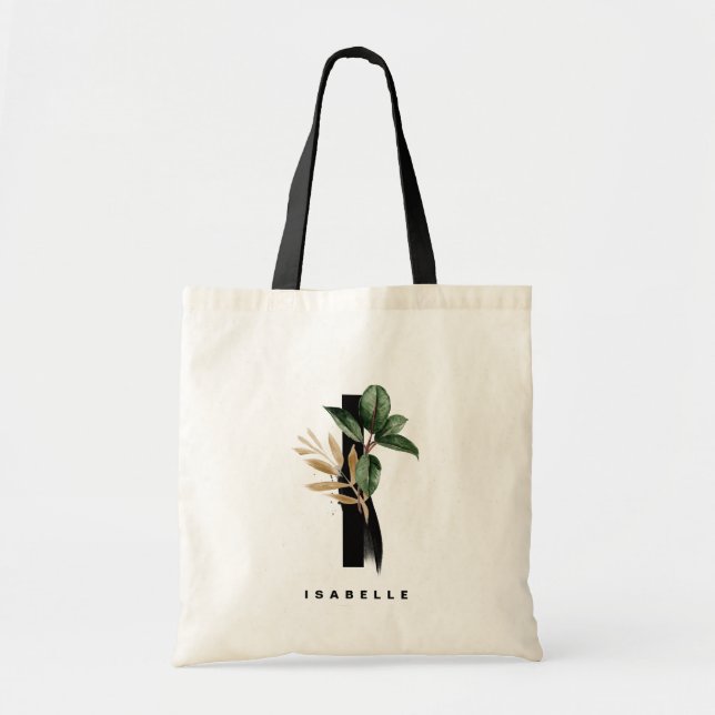 Tote Bag Lettre vert tropicale I Monogramme Personnalisé (Devant)