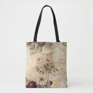 Tote Bag Lettre vintage d'amour parchemin avec fleurs (7)