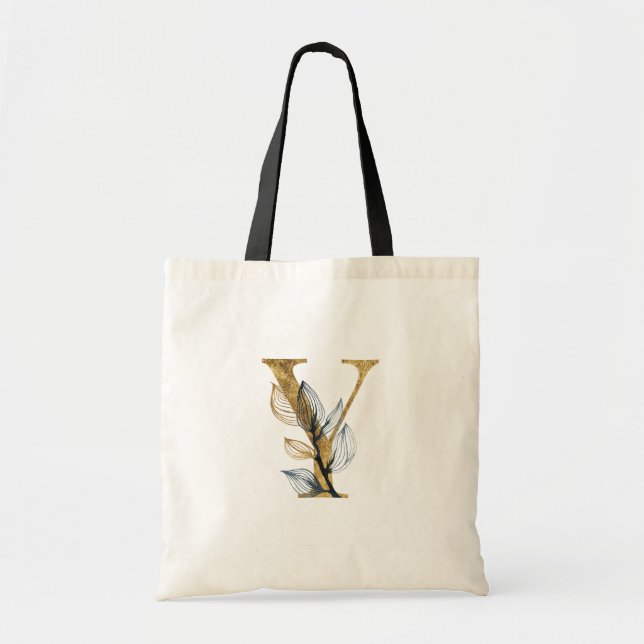 Tote Bag *~* Lettre Y Monogramme Or Feuilles noirs initiaux (Devant)