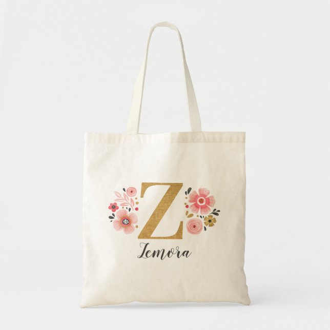 Tote Bag Lettre « Z » à monogramme floral or rose (Devant)