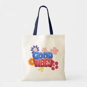 Tote Bag Lettres de bulle de Good Vibes et fleurs de hippie