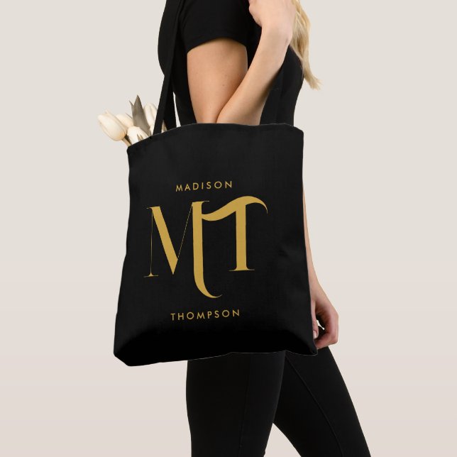 Tote Bag Lettres d'initiales de monogramme noir et or éléga (De près)