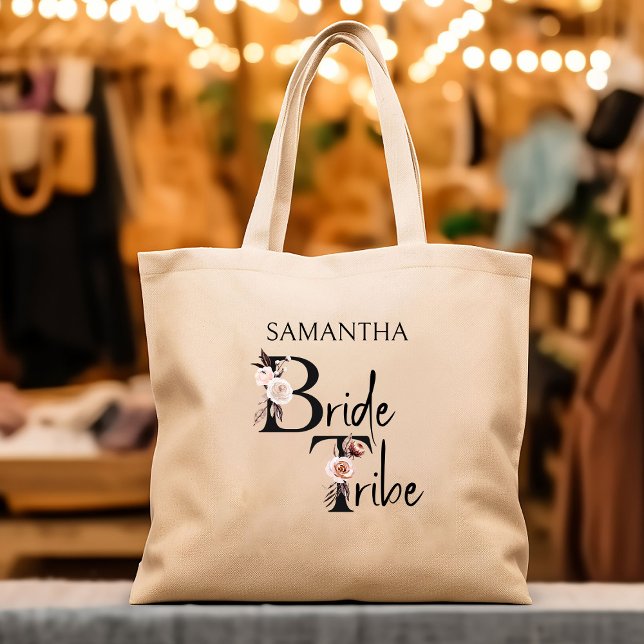 Tote Bag Lettres florales de la tribu des mariées Boho Bach (Bride Tribe tote bags for your bachelorette and pre-wedding gatherings)