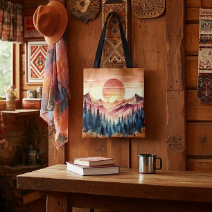 Tote Bag Lever de soleil montagne aquarelle sur cuir