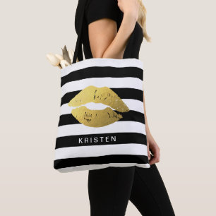 Tote Bag Lèvres d'or avec les rayures blanches noires