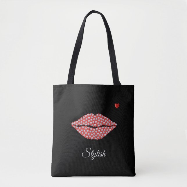 Tote Bag Lèvres en diamant élégant, calligraphie & coeur su (Devant)