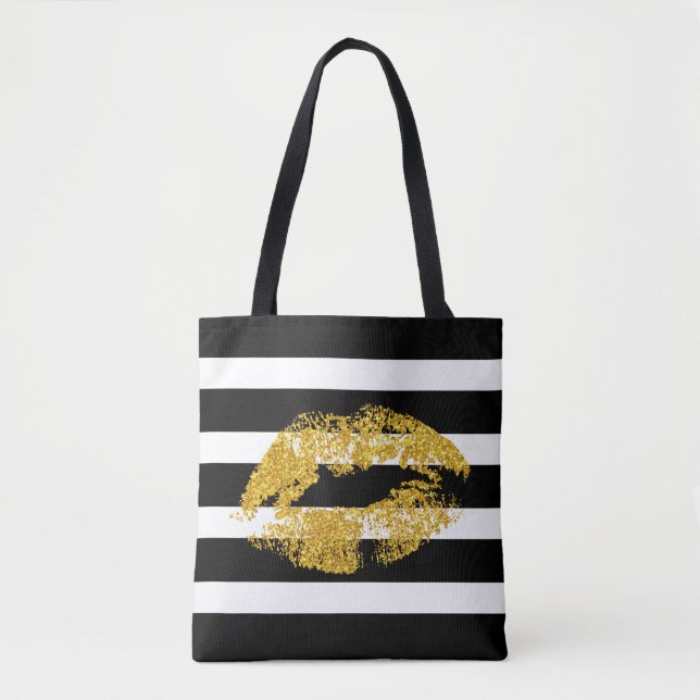 Tote Bag Lèvres Parties scintillant Or Et Blancs Noirs (Devant)