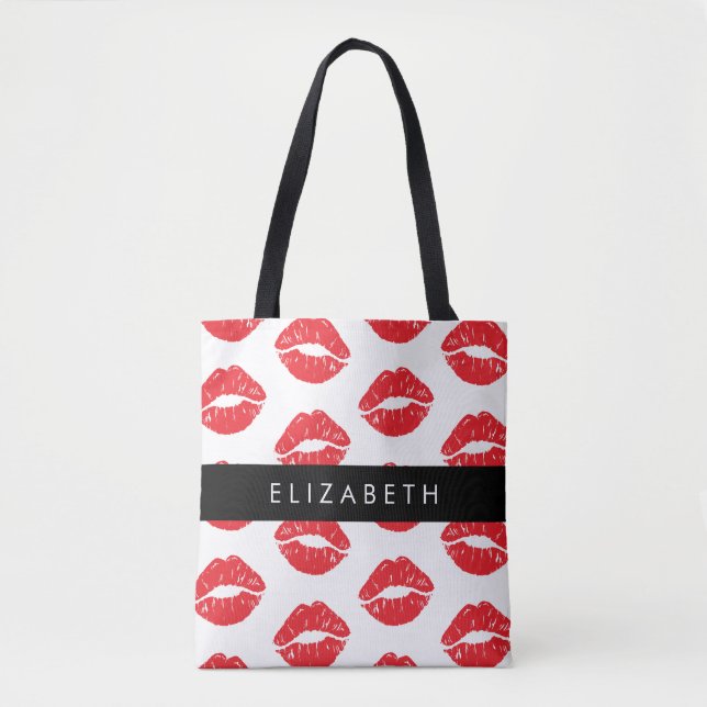 Tote Bag Lèvres Rouges, Rouge, Motif Des Lèvres, Votre Nom (Devant)