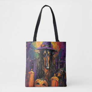 Tote Bag Lévrier Afghan Halloween Sorcière et Citrouille Ef