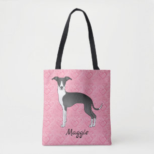 Tote Bag Lévrier Italien Noir Et Blanc Sur Cœurs Roses