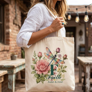 Tote Bag Libellule aquarelle colorée & Fleur de naissance d