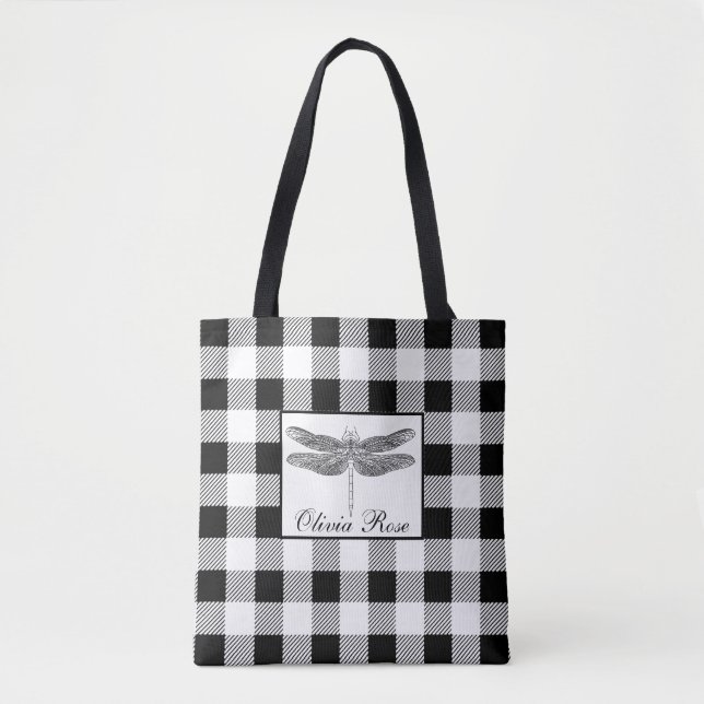 Tote Bag Libellule élégante à carreaux noirs et blancs  (Devant)