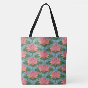 Tote Bag libellules bleu pâle, nymphes d'eau rose, sur bleu
