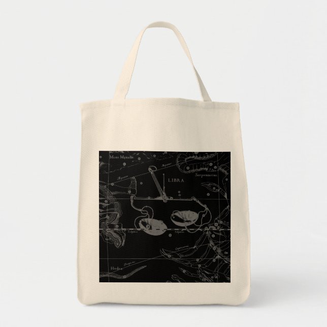 Tote Bag Libra Constellation Hevelius 1690 Carte sur Noir (Devant)