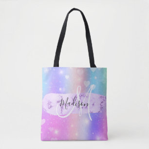 Tote Bag Licorne Arc-en-Ciel Cœurs Monogramme Coloré Fémini