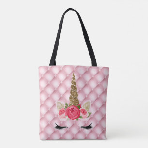 Tote Bag Licorne Fille Tendance Paillettes Dorées et Roses 