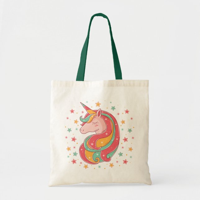 Tote Bag Licorne magique rose et verte d'or (Devant)