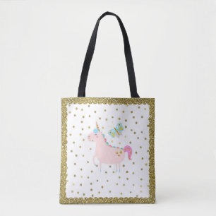 Tote Bag Licorne rose et or paillettes confettis points fil