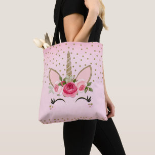 Tote Bag Licorne Tendance Pailletée Or & Fleur Rose