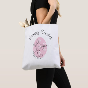 Tote Bag Ligne lapin minimaliste Art Rose Oeuf Printemps